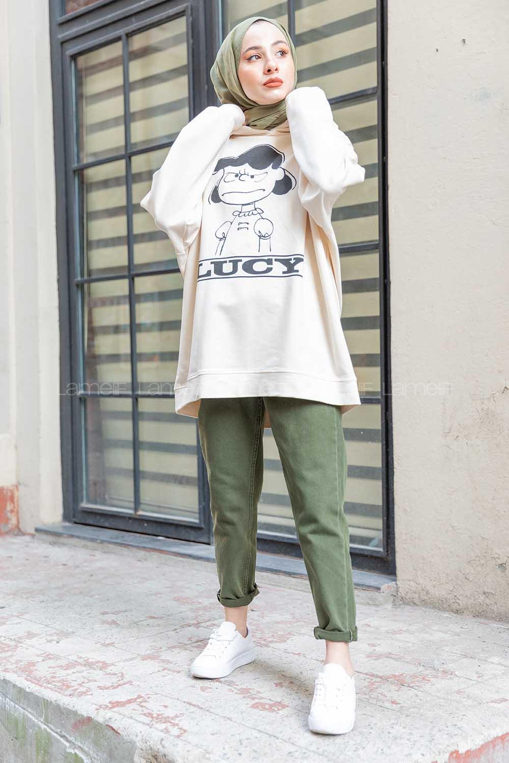 Modalamelif Karikatür Baskılı Kapşonlu Sweat Krem