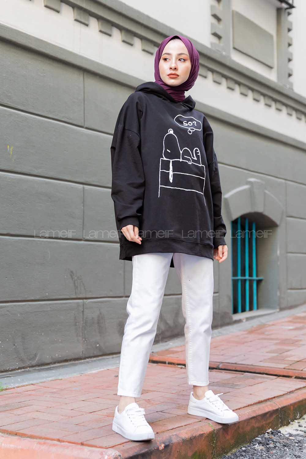 Modalamelif Karikatür Baskılı Kapşonlu Sweat Siyah