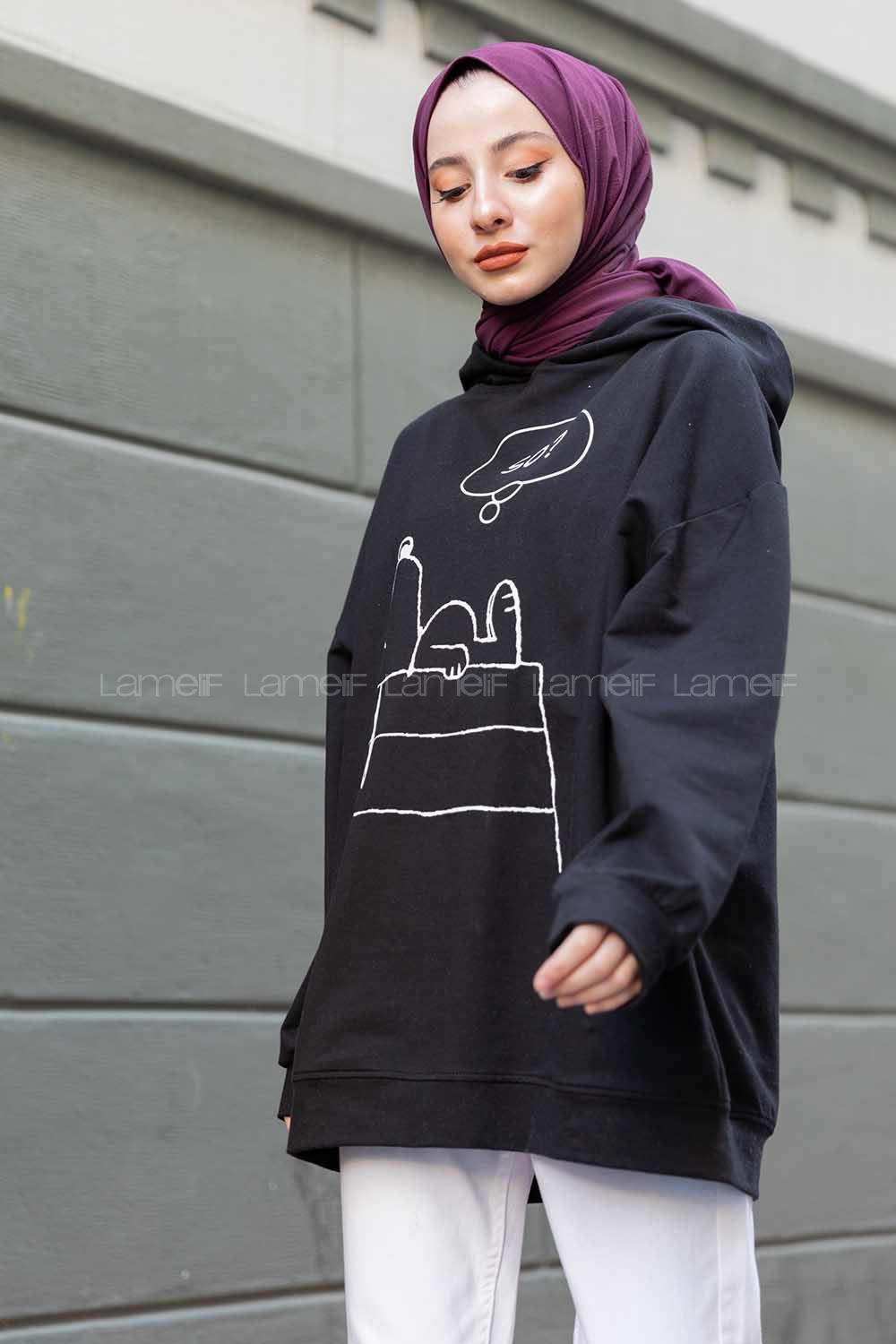 Modalamelif Karikatür Baskılı Kapşonlu Sweat Siyah