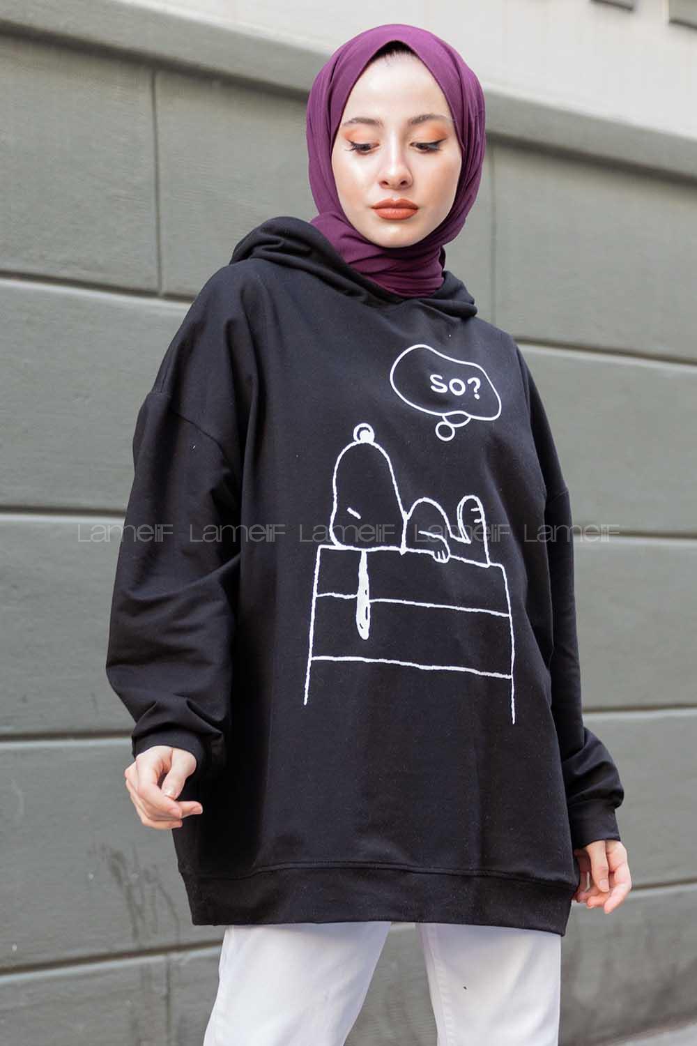 Modalamelif Karikatür Baskılı Kapşonlu Sweat Siyah