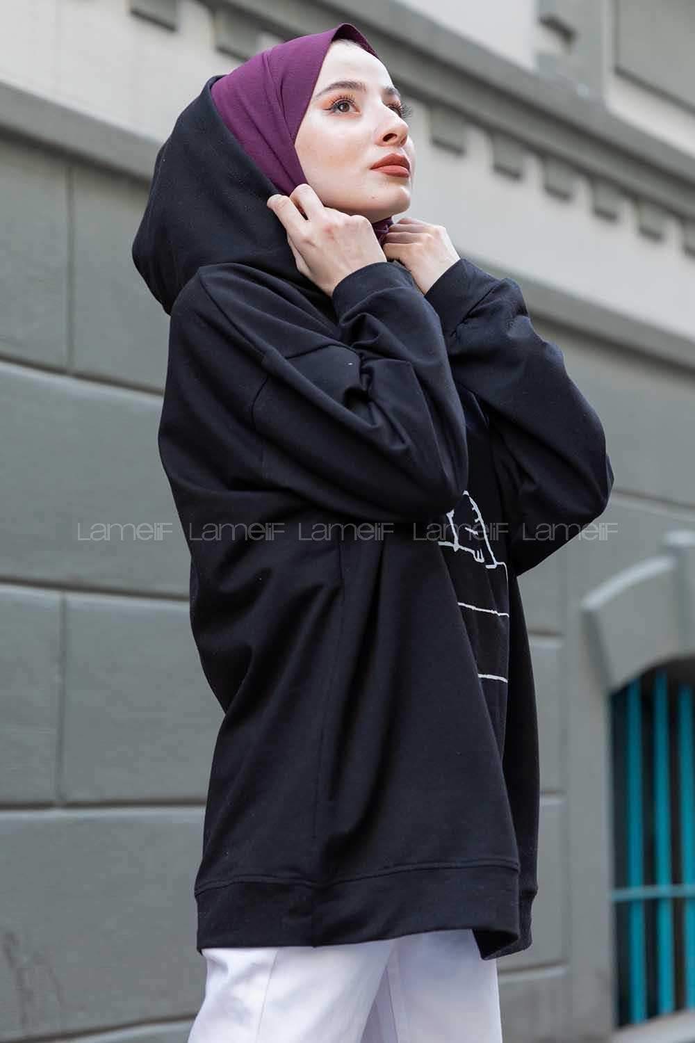 Modalamelif Karikatür Baskılı Kapşonlu Sweat Siyah