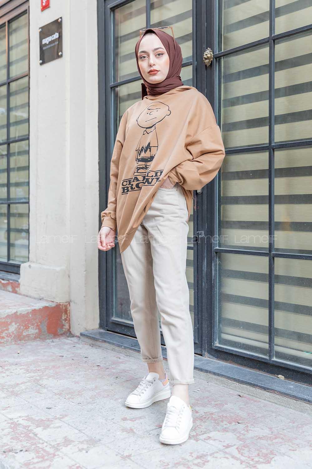 Modalamelif Karikatür Baskılı Kapşonlu Sweat Sütlü Kahve