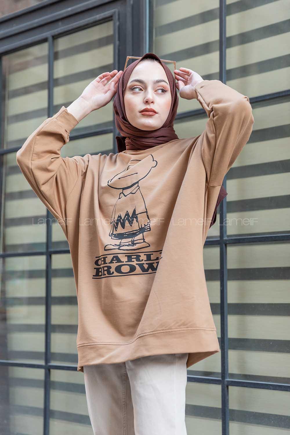 Modalamelif Karikatür Baskılı Kapşonlu Sweat Sütlü Kahve