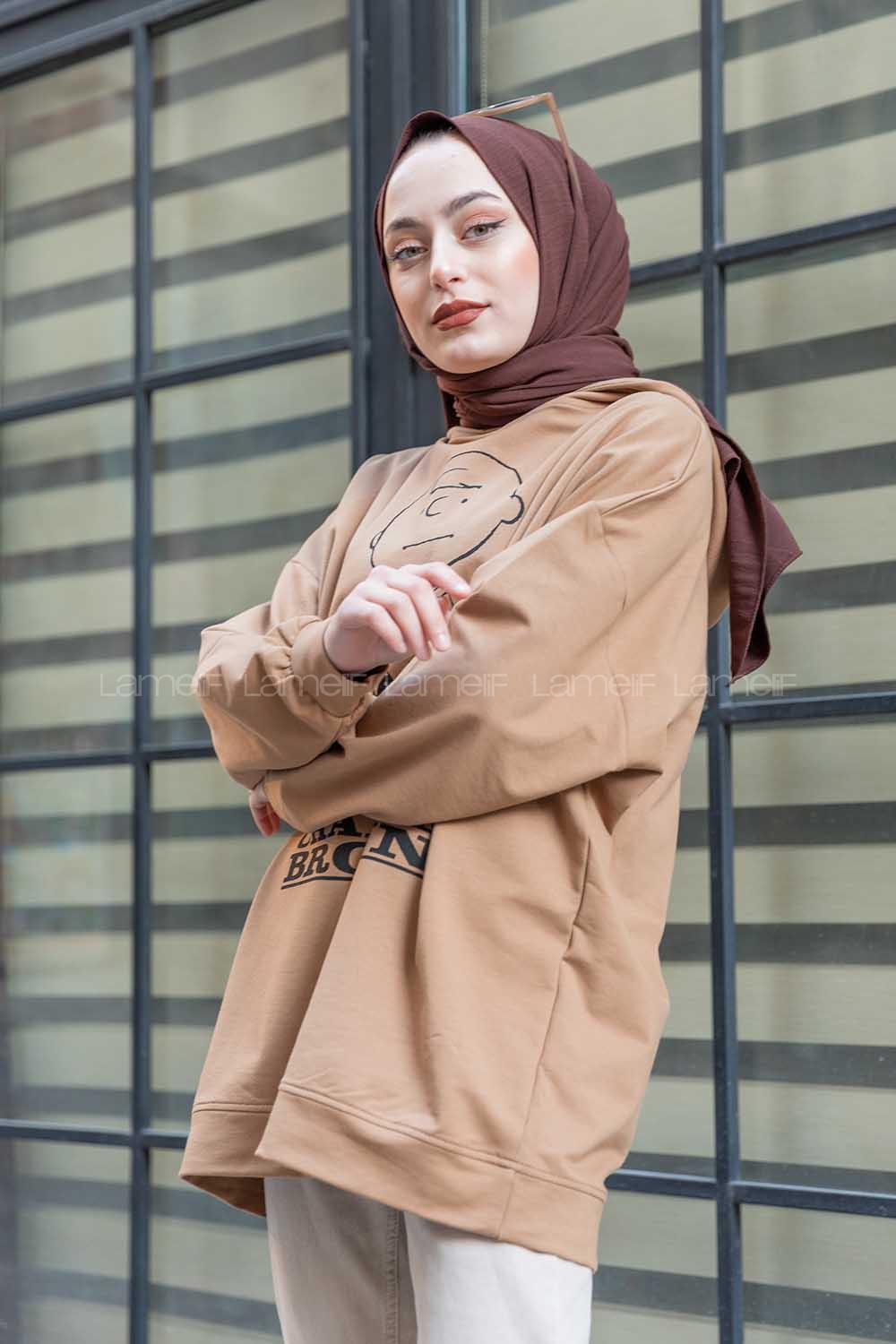 Modalamelif Karikatür Baskılı Kapşonlu Sweat Sütlü Kahve