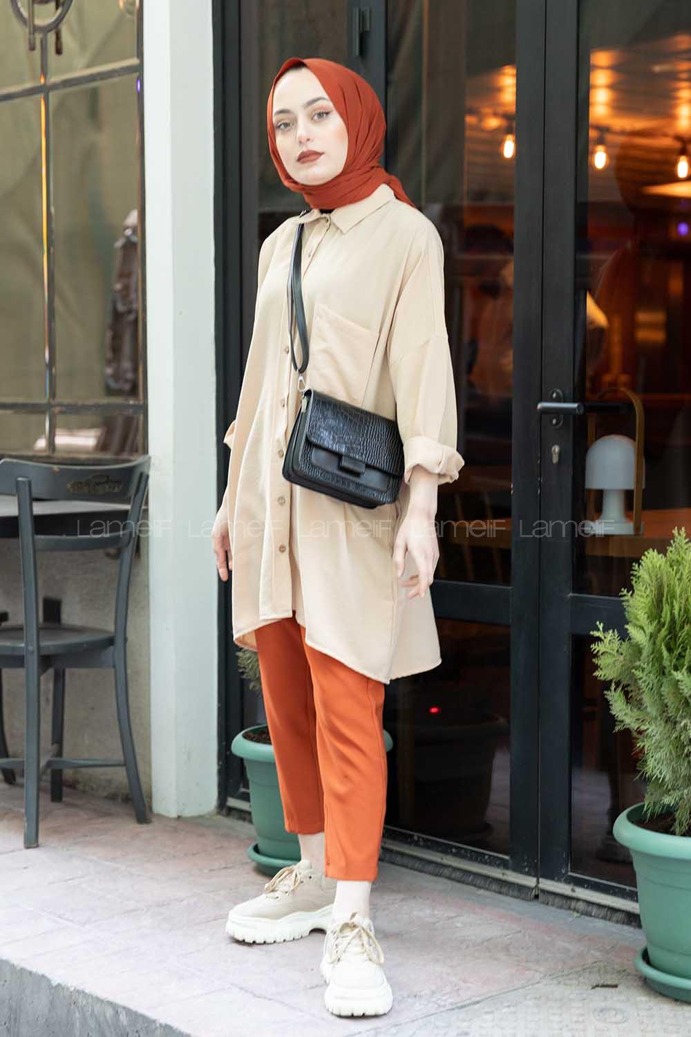 Modalamelif Önü Düğmeli Gizli Cep Detaylı Gömlek Bej