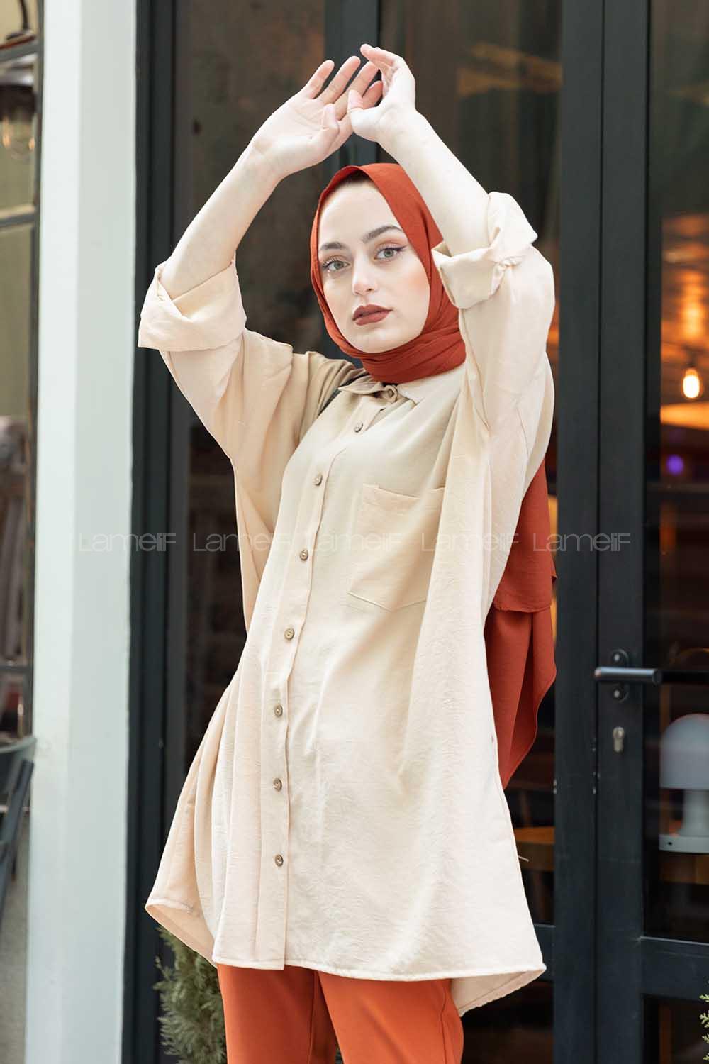 Modalamelif Önü Düğmeli Gizli Cep Detaylı Gömlek Bej