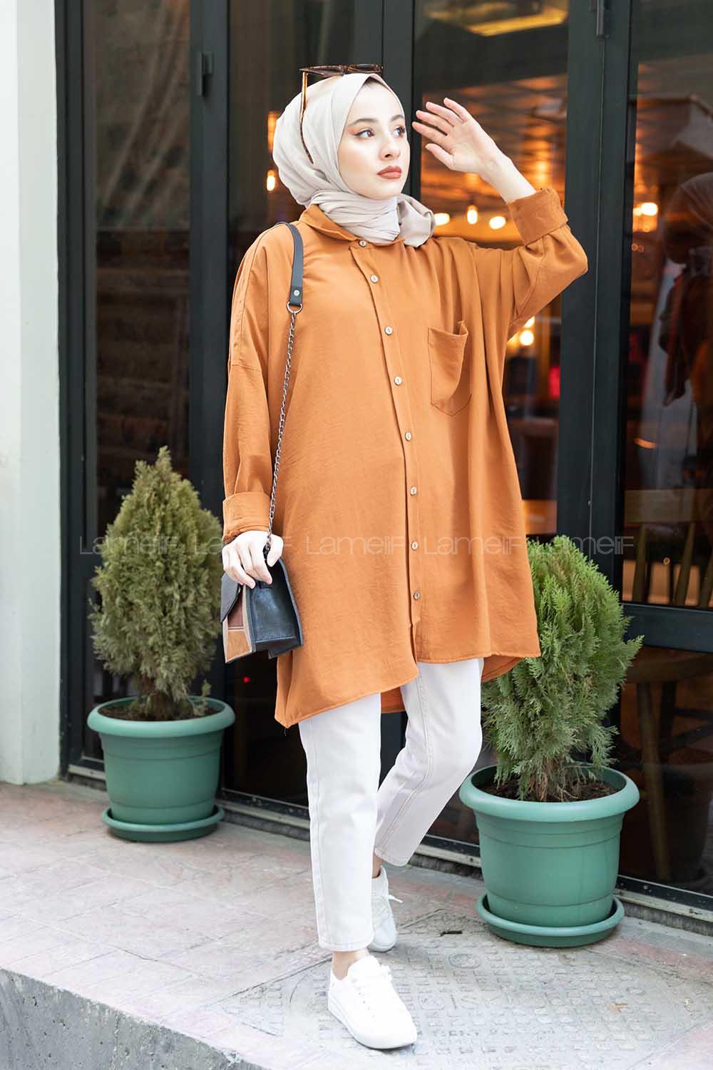 Modalamelif Önü Düğmeli Gizli Cep Detaylı Gömlek Taba