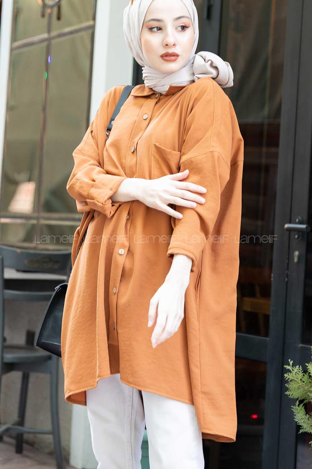 Modalamelif Önü Düğmeli Gizli Cep Detaylı Gömlek Taba