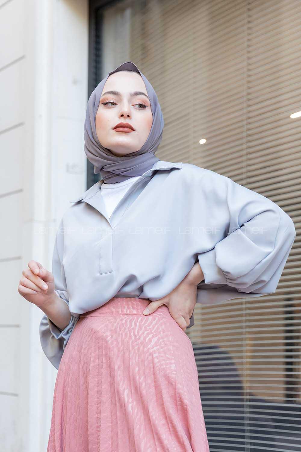 Modalamelif Yarasa Kol Gömlek Yaka Bluz  Gri