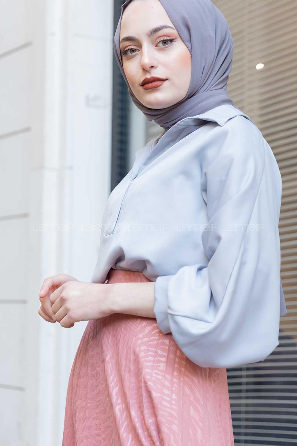 Modalamelif Yarasa Kol Gömlek Yaka Bluz  Gri