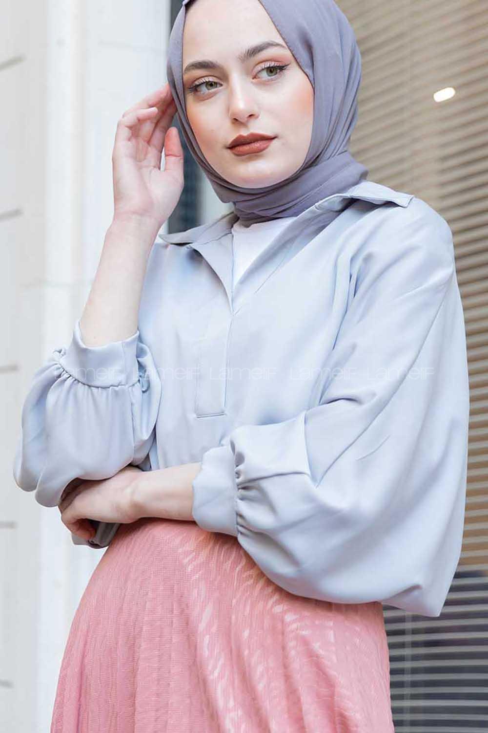 Modalamelif Yarasa Kol Gömlek Yaka Bluz  Gri