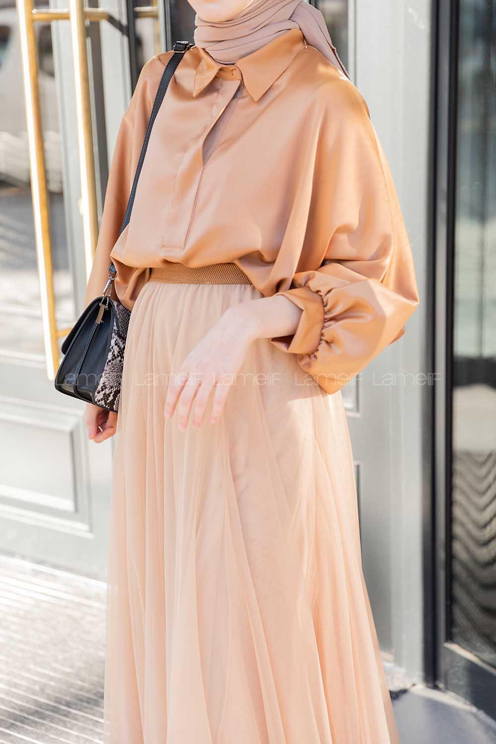 Modalamelif Yarasa Kol Gömlek Yaka Bluz  Somon