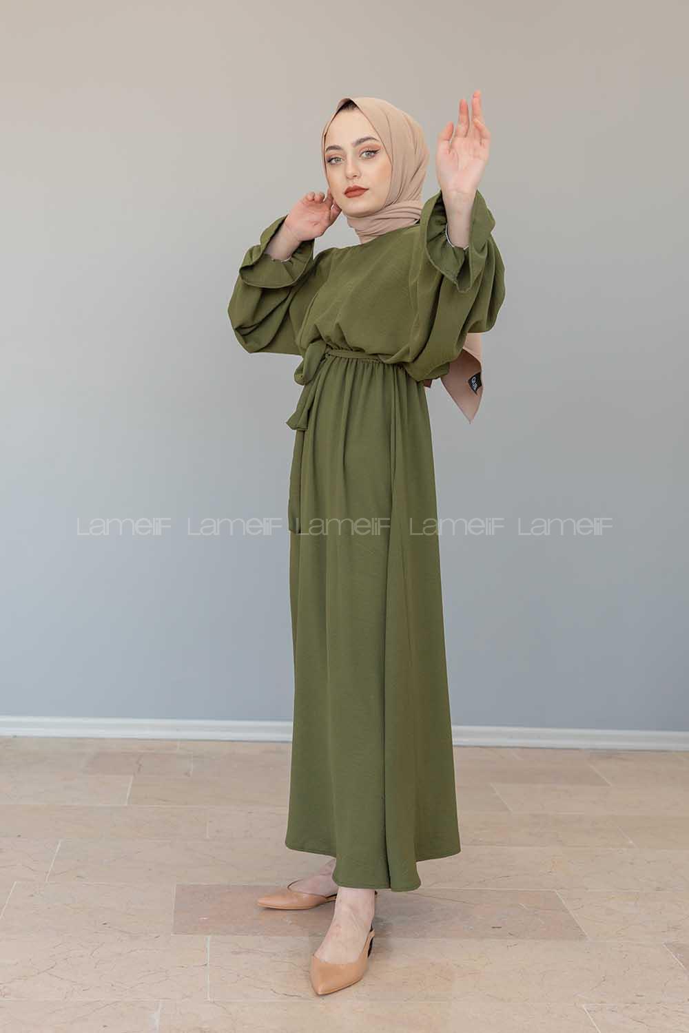 Modalamelif Yarasa Kol Kemer Detaylı  Elbise Haki