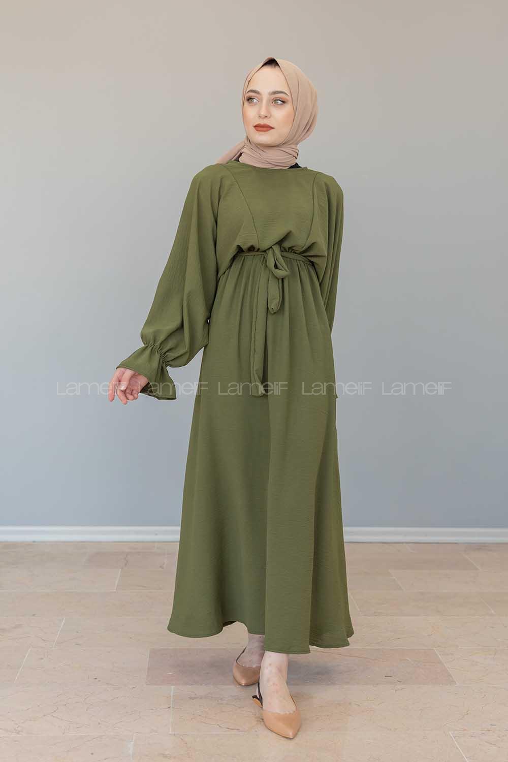 Modalamelif Yarasa Kol Kemer Detaylı  Elbise Haki