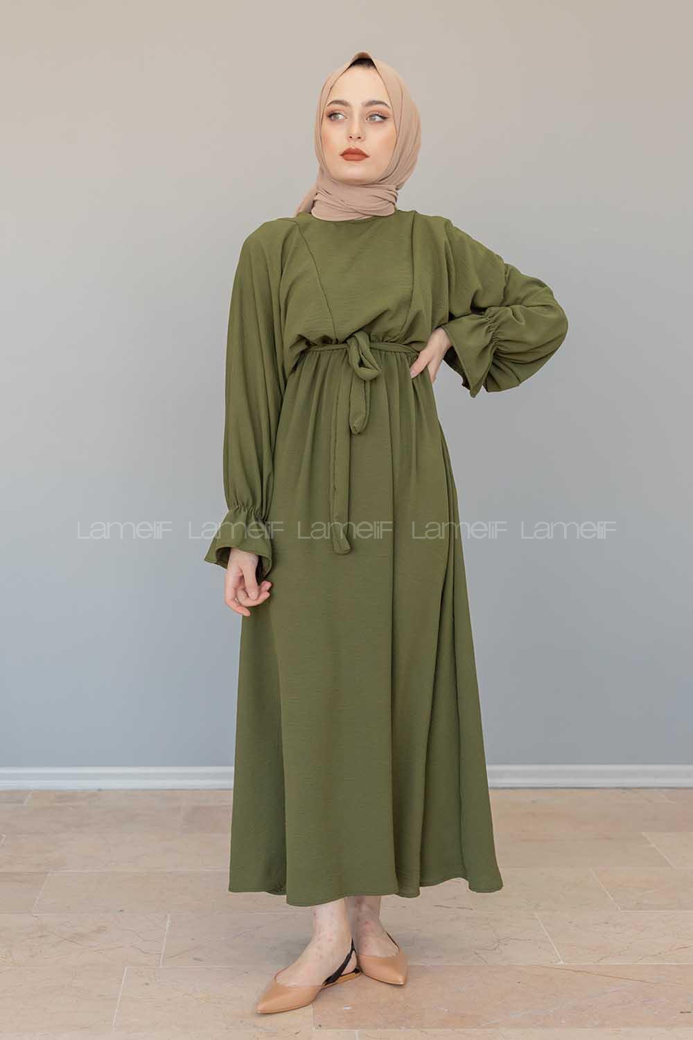 Modalamelif Yarasa Kol Kemer Detaylı  Elbise Haki