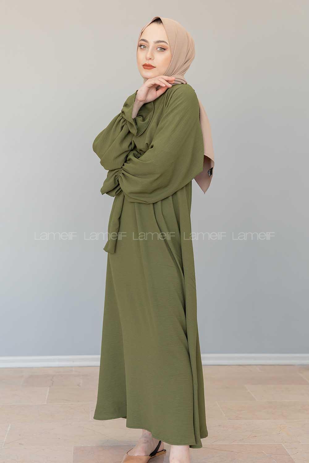 Modalamelif Yarasa Kol Kemer Detaylı  Elbise Haki