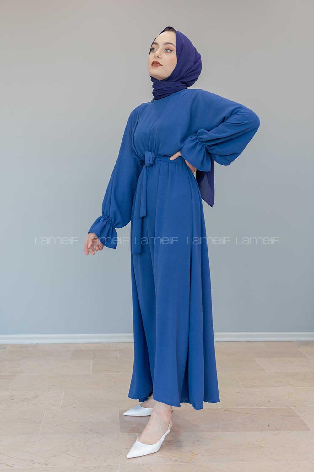 Modalamelif Yarasa Kol Kemer Detaylı  Elbise İndigo