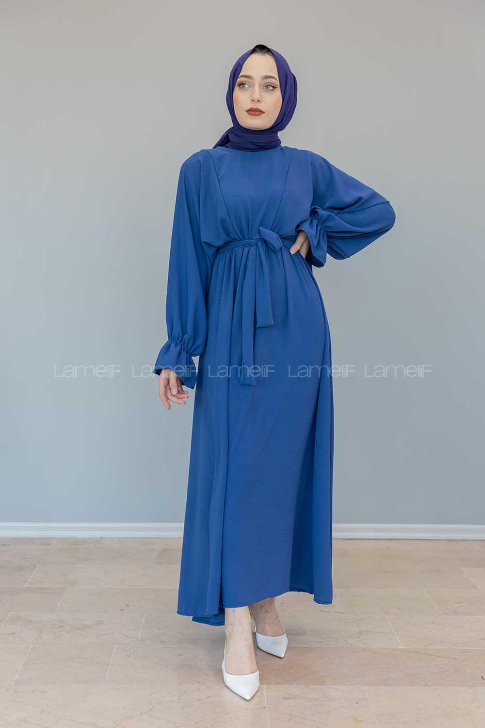 Modalamelif Yarasa Kol Kemer Detaylı  Elbise İndigo