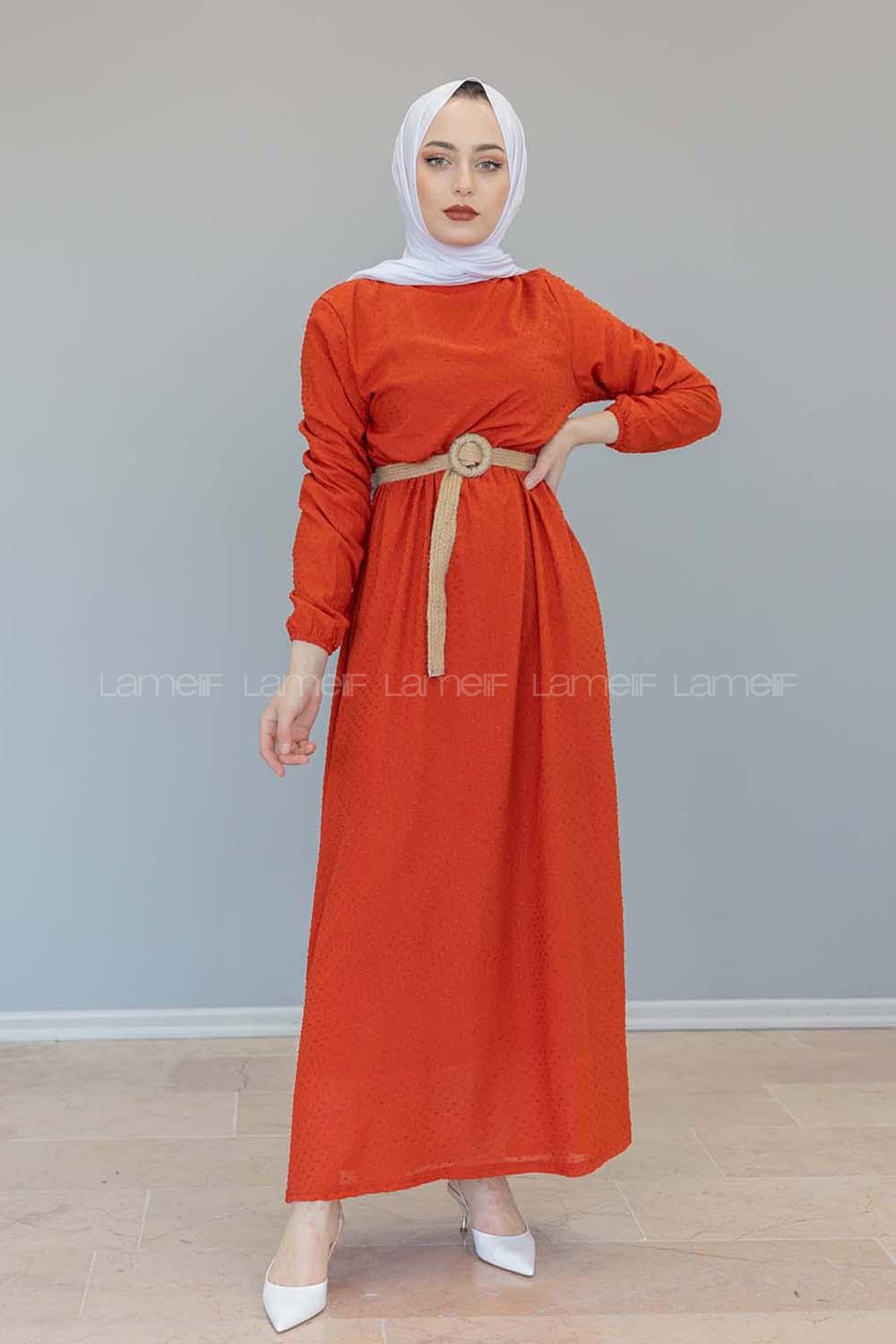 Modalamelif Hasır Kemerli Pıtırcık Desen Elbise Kiremit