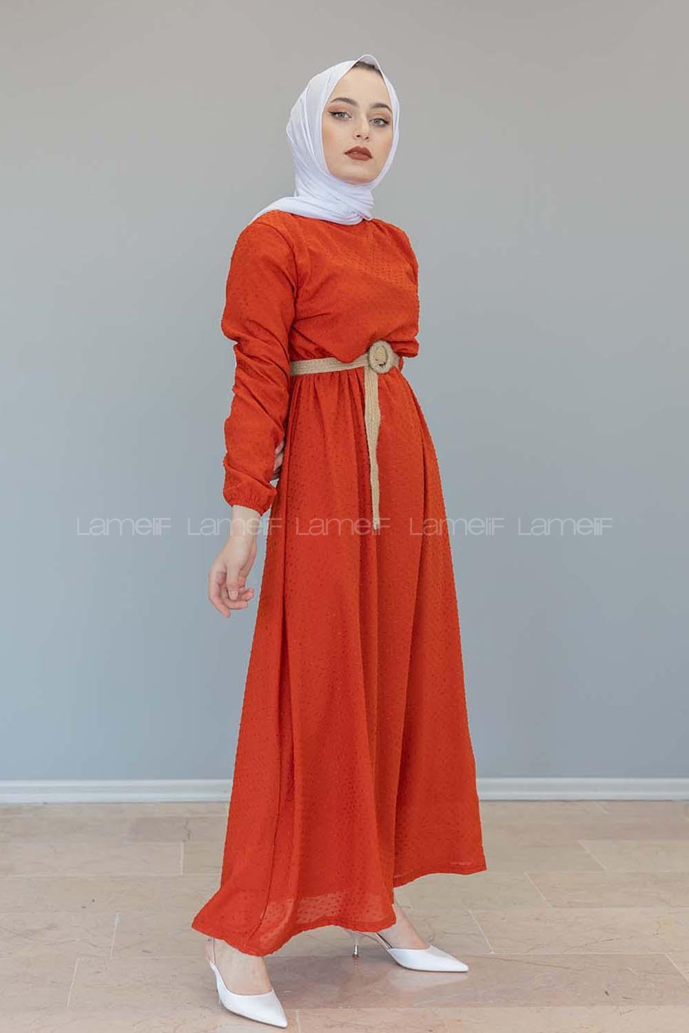 Modalamelif Hasır Kemerli Pıtırcık Desen Elbise Kiremit