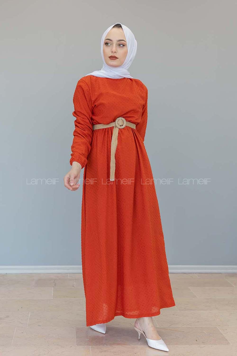 Modalamelif Hasır Kemerli Pıtırcık Desen Elbise Kiremit