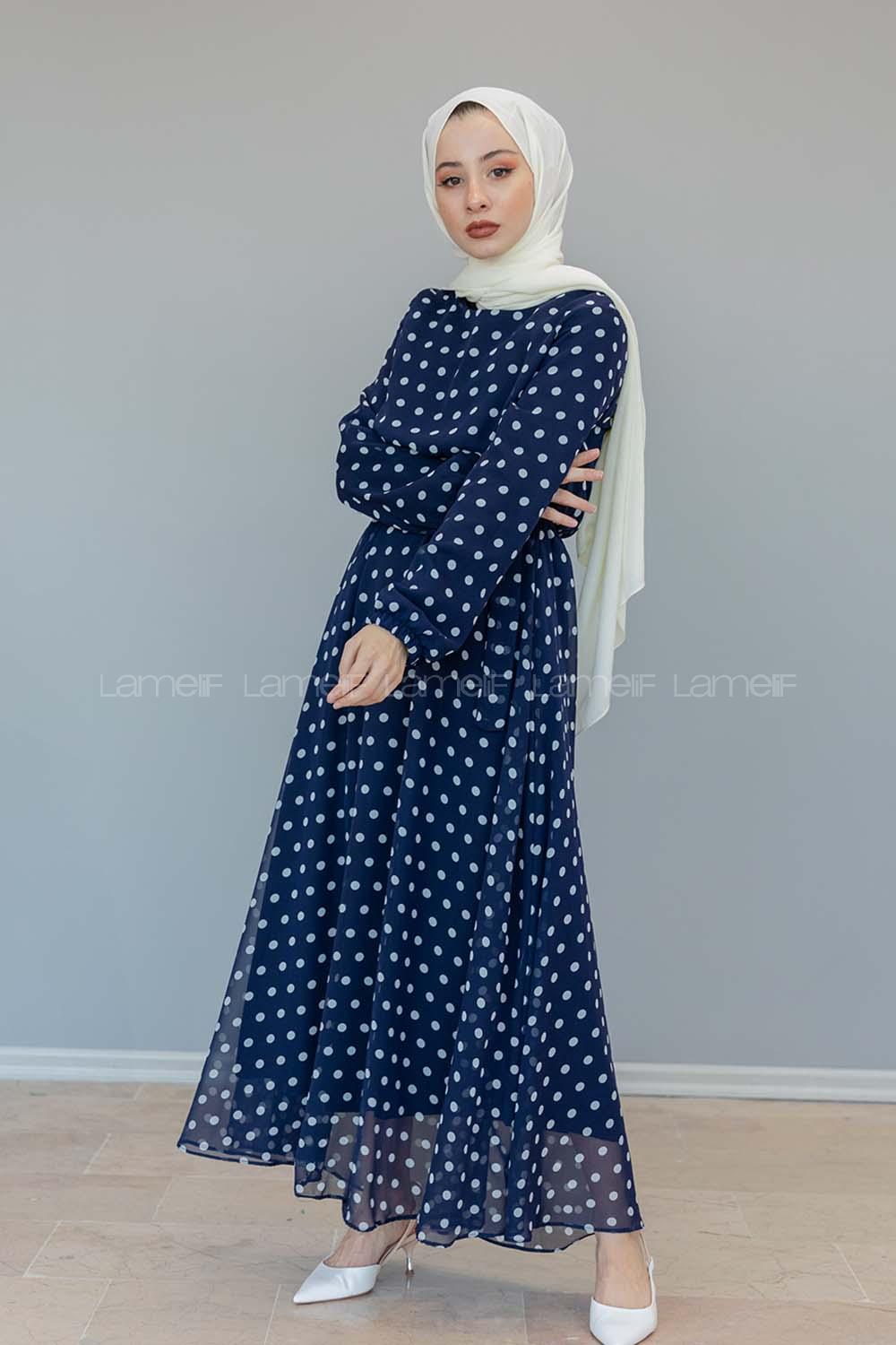 Modalamelif İçi Astarlı Puanlı  Şifon Elbise Lacivert