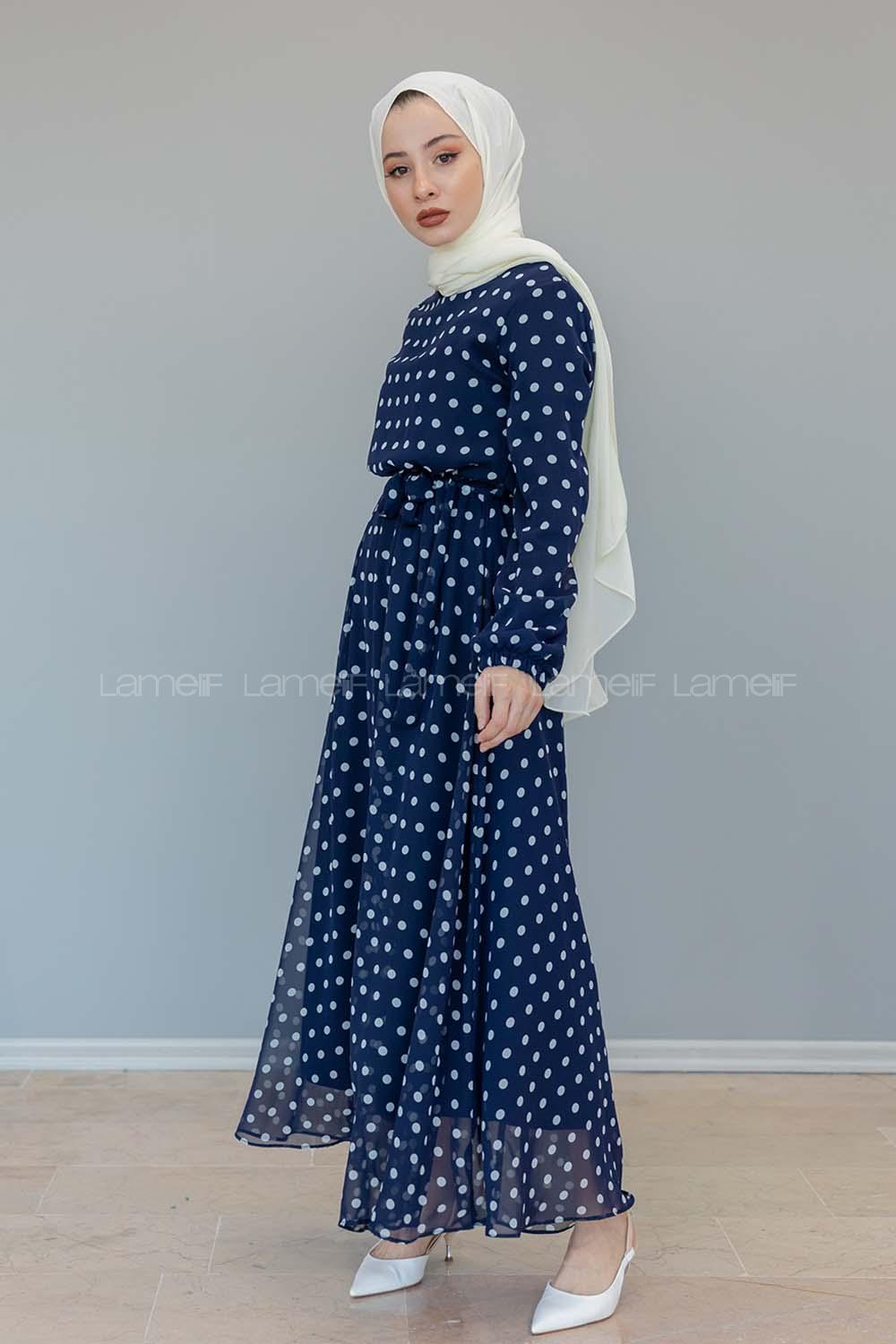 Modalamelif İçi Astarlı Puanlı  Şifon Elbise Lacivert