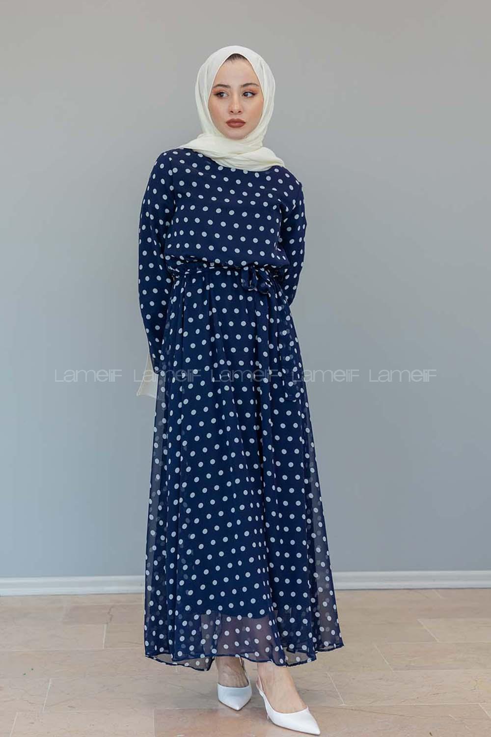Modalamelif İçi Astarlı Puanlı  Şifon Elbise Lacivert