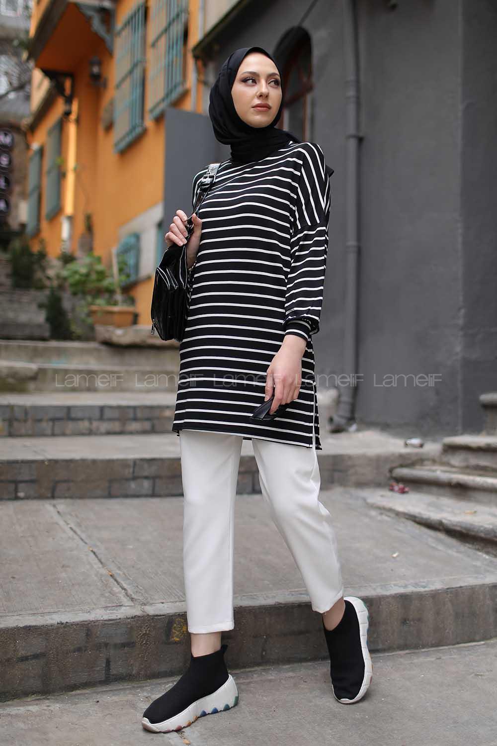 Modalamelif İnce Beyaz Çizgili Tunik Siyah