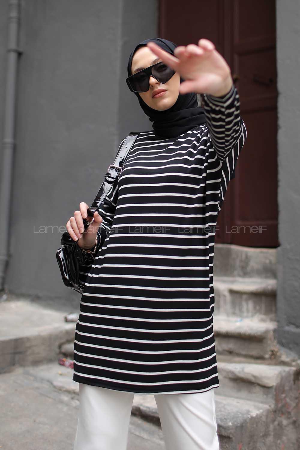 Modalamelif İnce Beyaz Çizgili Tunik Siyah