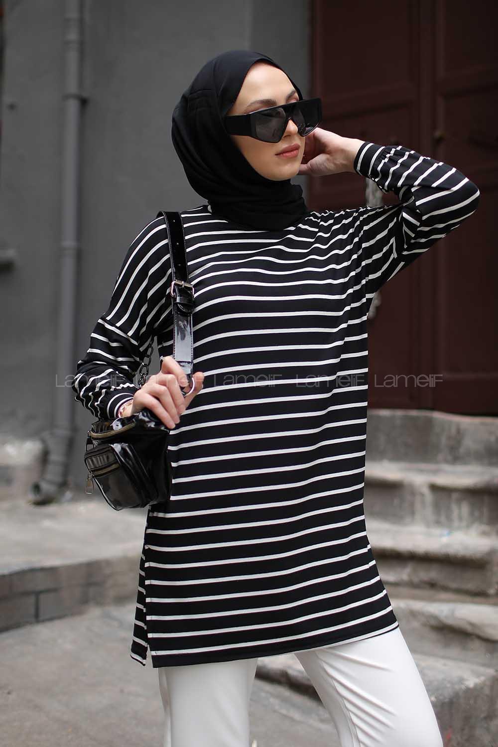 Modalamelif İnce Beyaz Çizgili Tunik Siyah