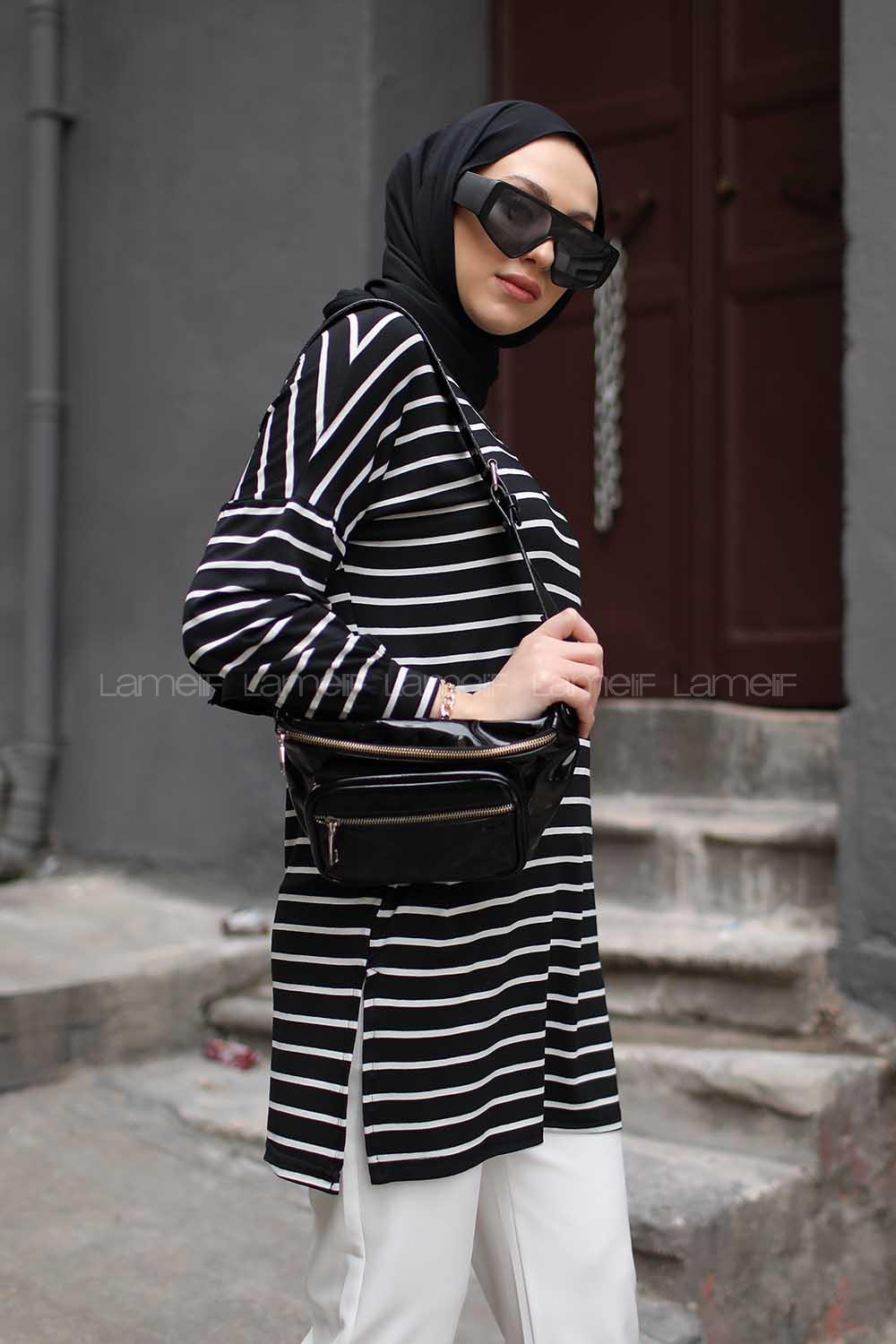 Modalamelif İnce Beyaz Çizgili Tunik Siyah