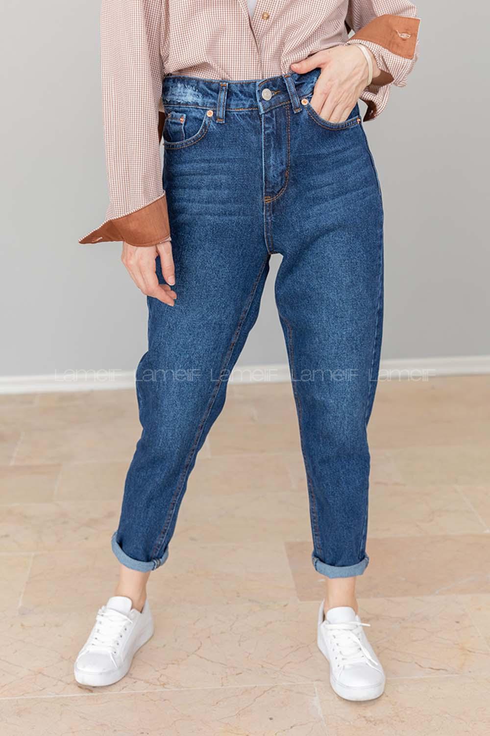 Modalamelif Bel Ve Paça Yırtıklı Mom Jean Koyu Mavi