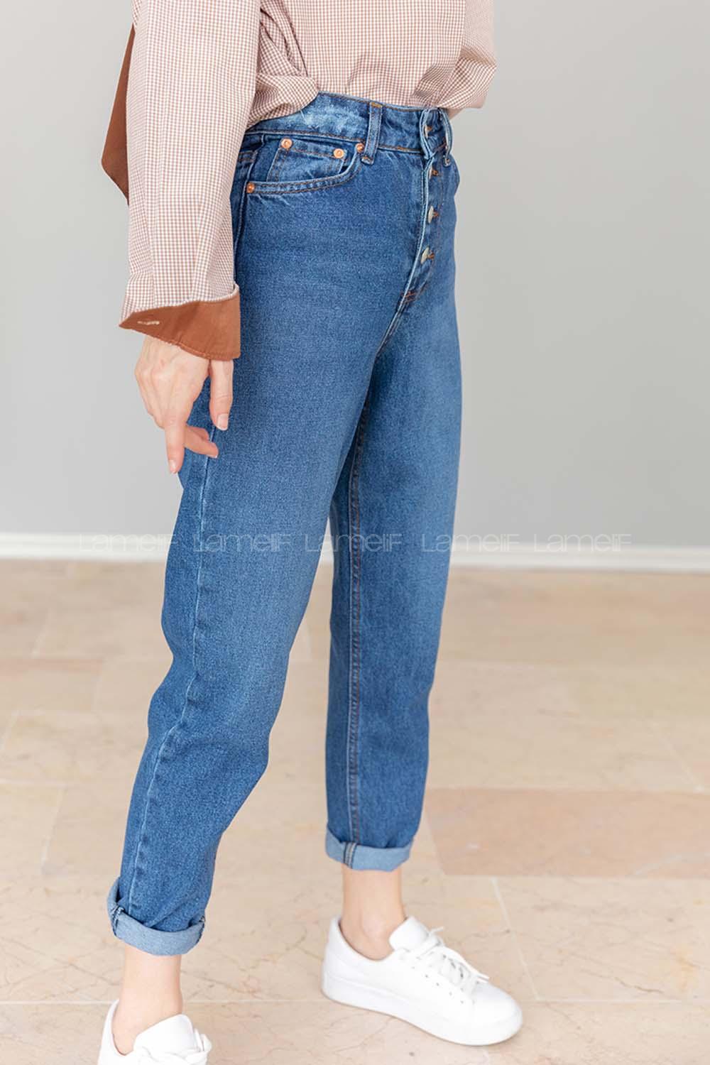 Modalamelif Önü Düğmeli  Bel Ve Paça Yırtıklı Mom Jean Koyu Mavi