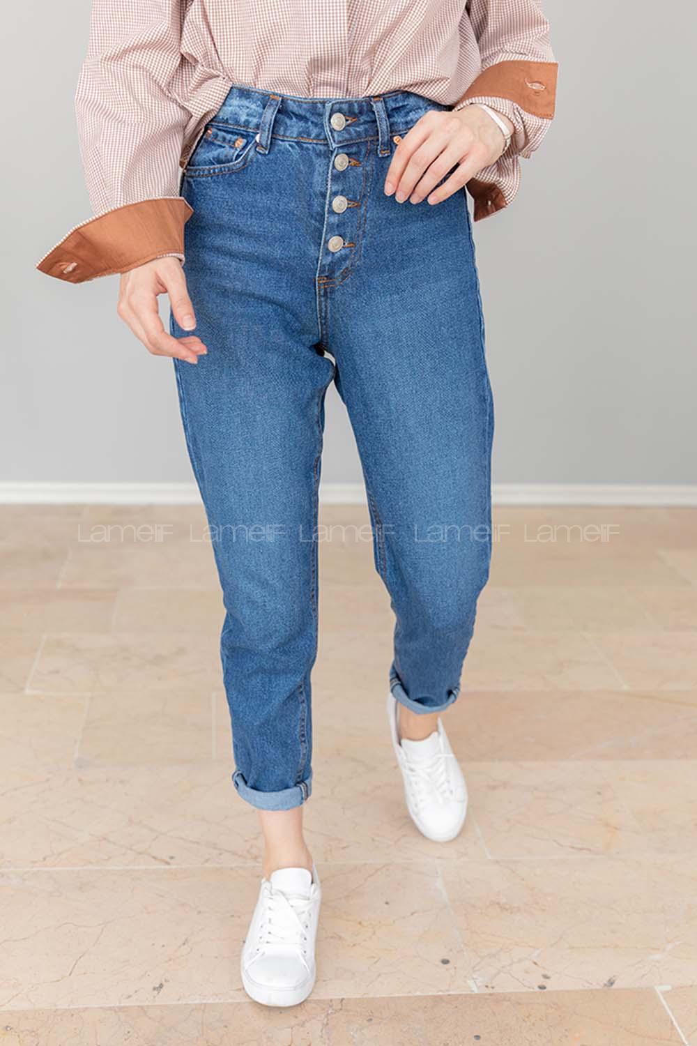 Modalamelif Önü Düğmeli  Bel Ve Paça Yırtıklı Mom Jean Koyu Mavi
