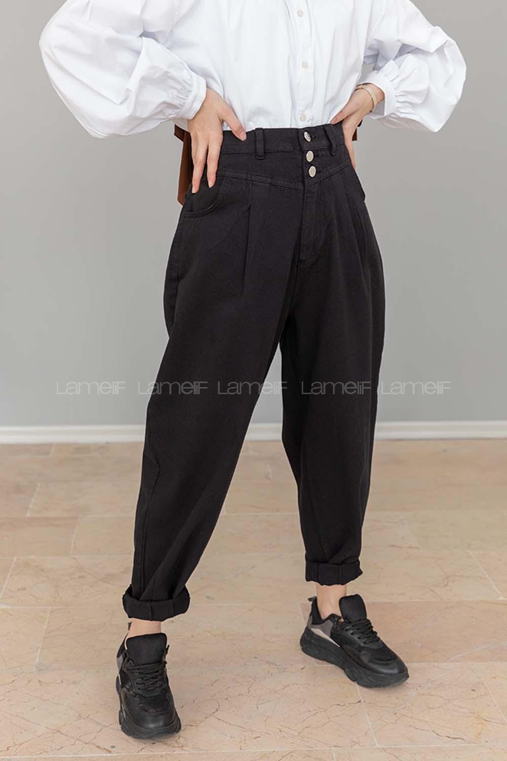 Modalamelif Paça Pensli Balon Mom Jean Siyah