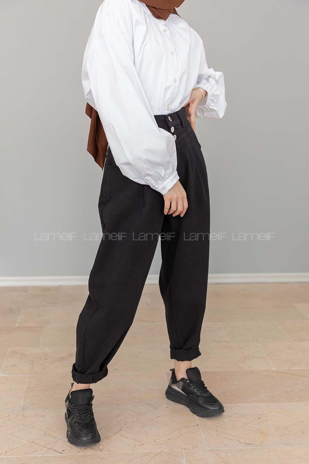 Modalamelif Paça Pensli Balon Mom Jean Siyah