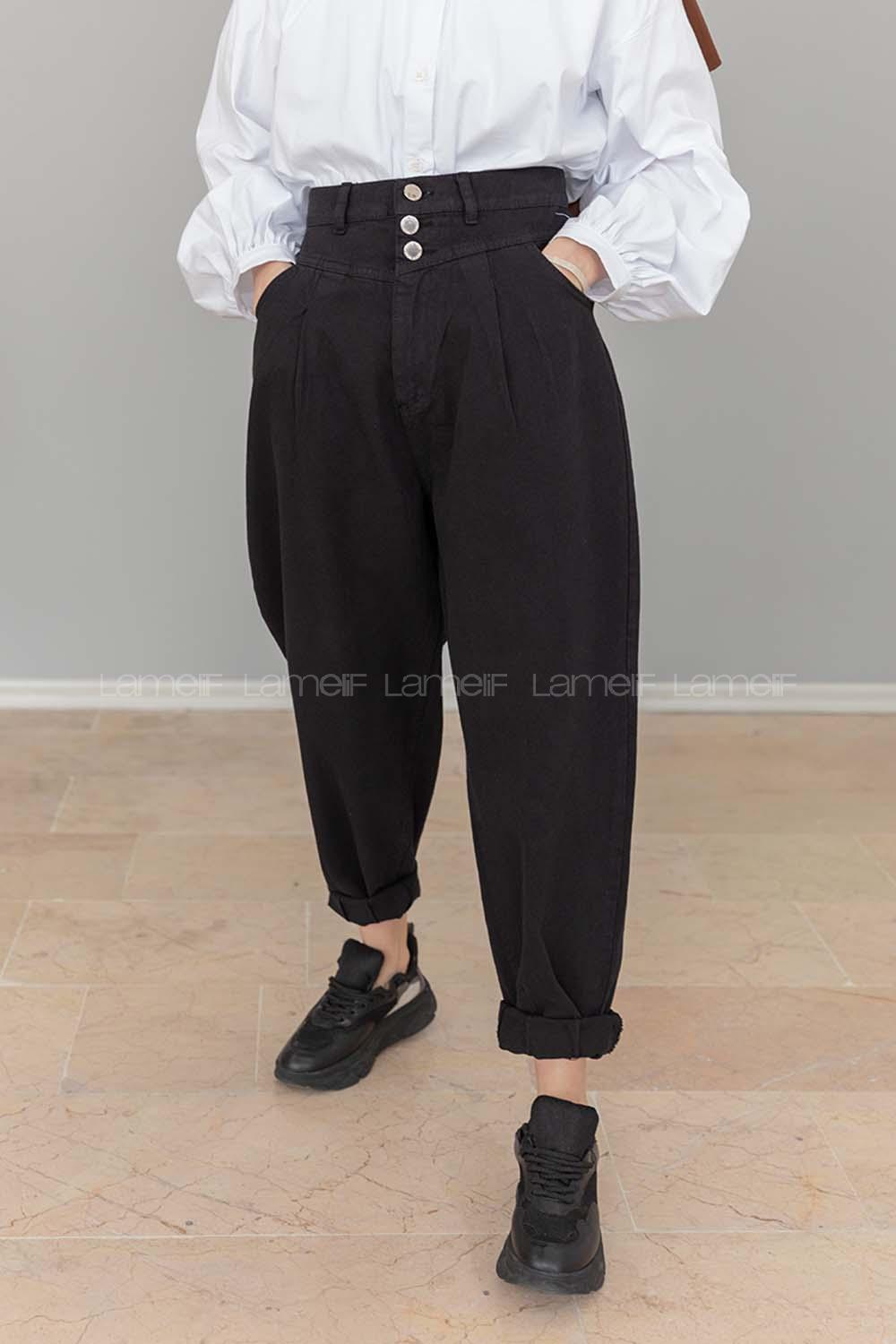 Modalamelif Paça Pensli Balon Mom Jean Siyah