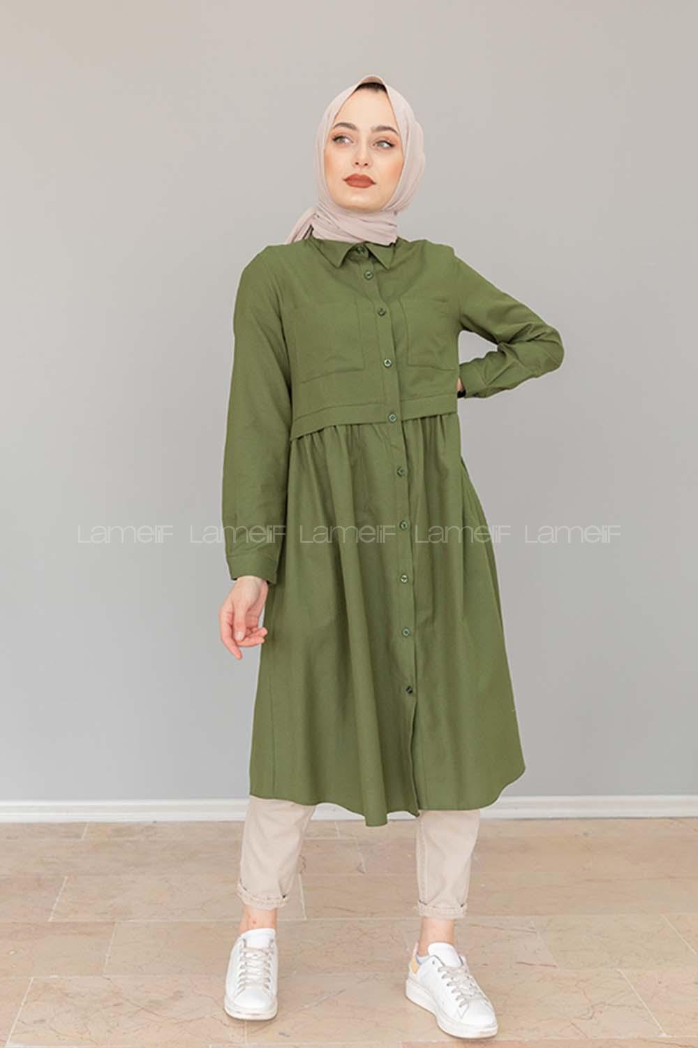 Modalamelif Robalı Çift Cepli Uzun Tunik Haki