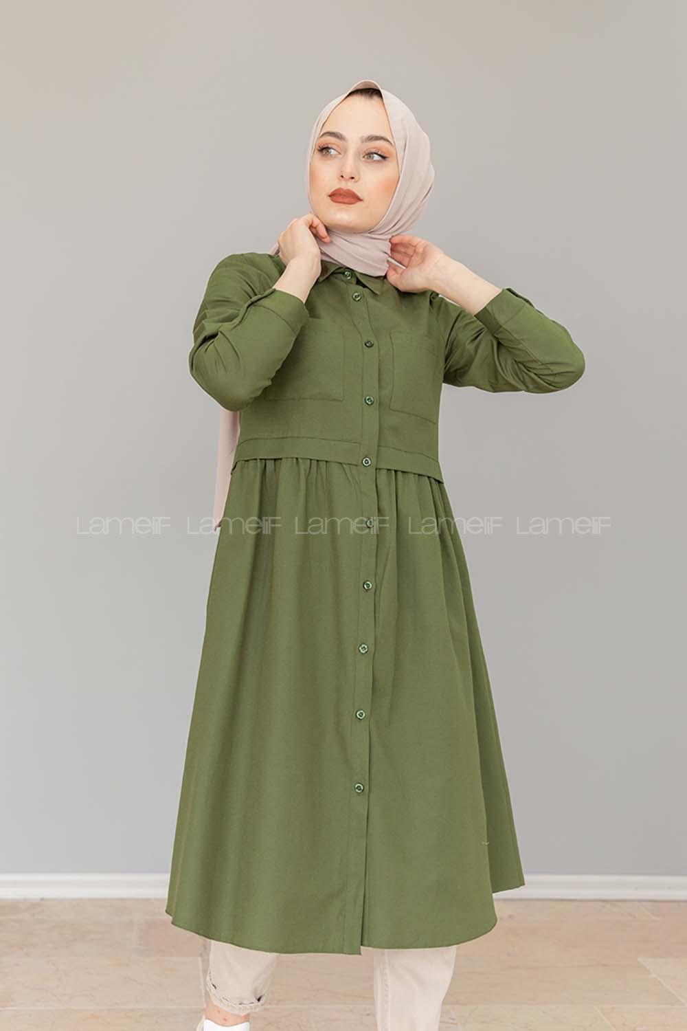 Modalamelif Robalı Çift Cepli Uzun Tunik Haki