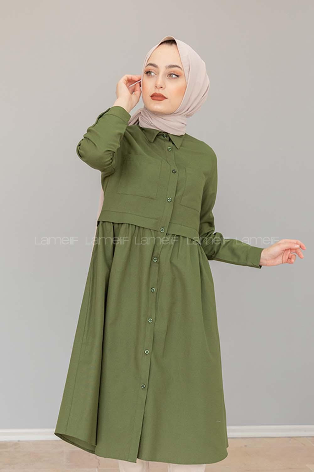 Modalamelif Robalı Çift Cepli Uzun Tunik Haki