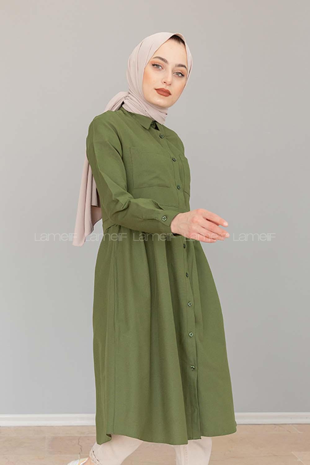 Modalamelif Robalı Çift Cepli Uzun Tunik Haki