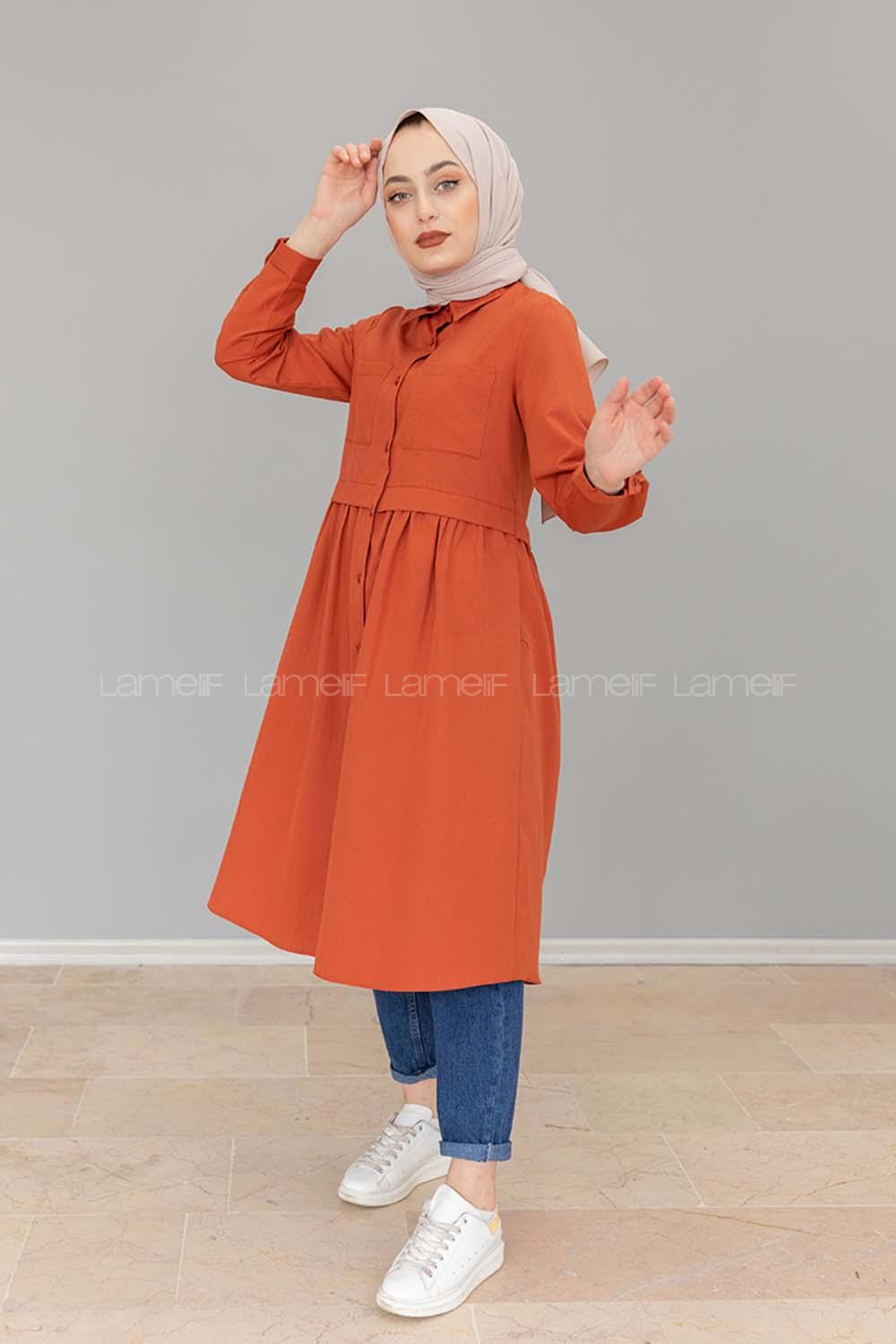 Modalamelif Robalı Çift Cepli Uzun Tunik Kiremit