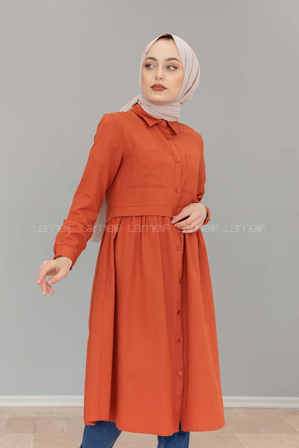 Modalamelif Robalı Çift Cepli Uzun Tunik Kiremit