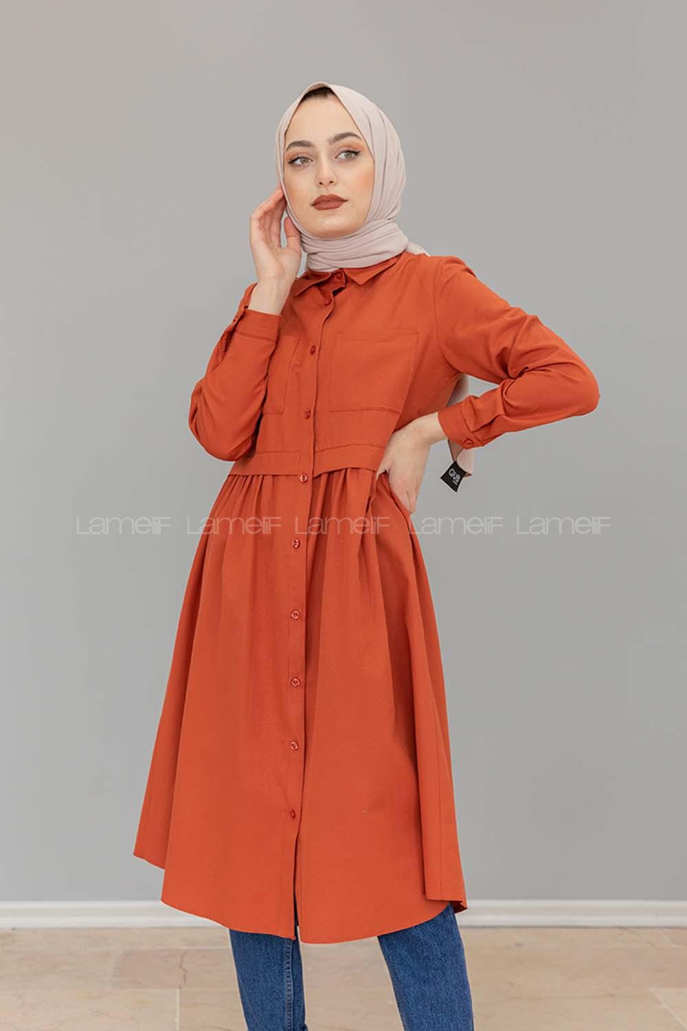 Modalamelif Robalı Çift Cepli Uzun Tunik Kiremit