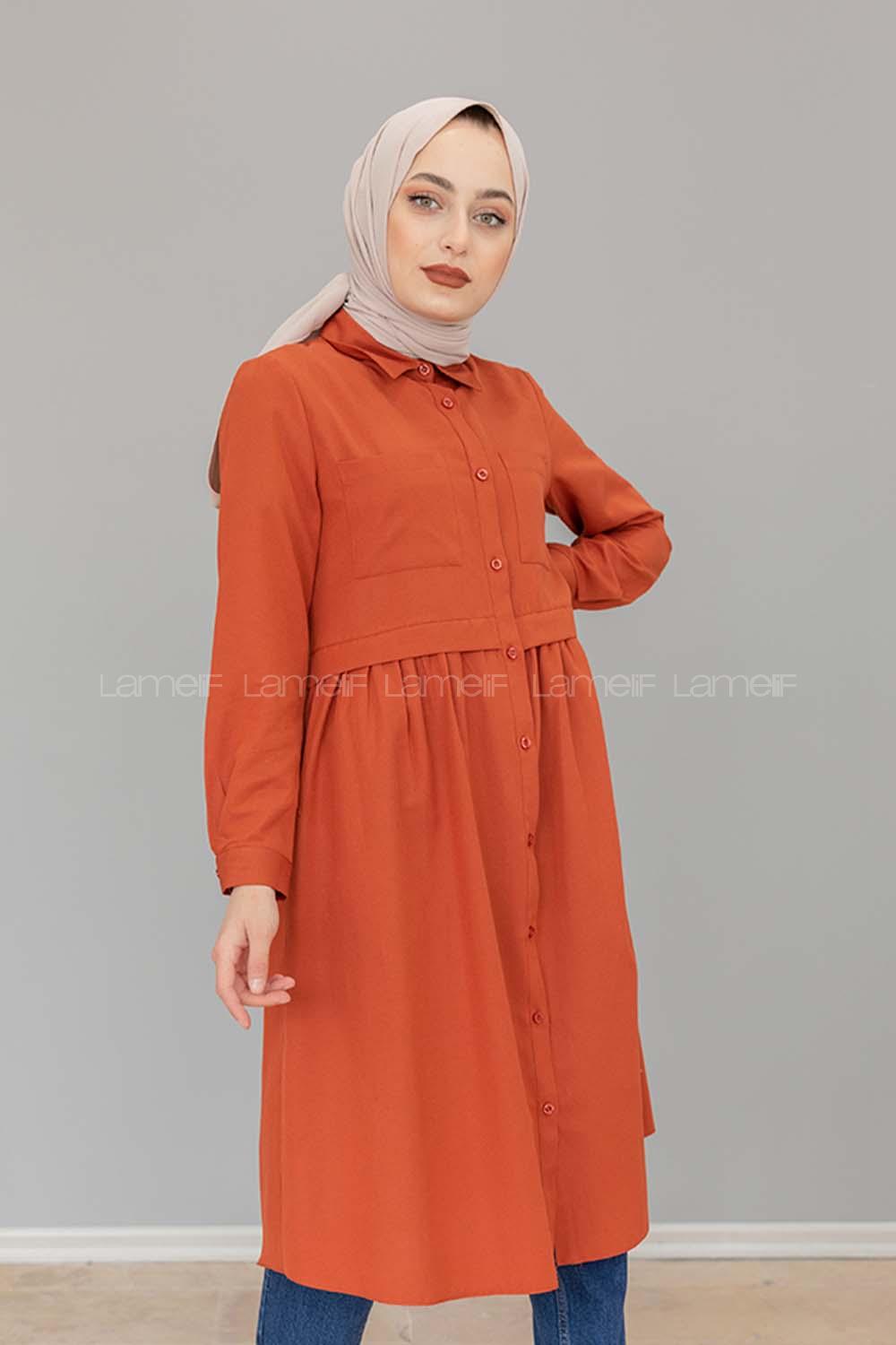 Modalamelif Robalı Çift Cepli Uzun Tunik Kiremit