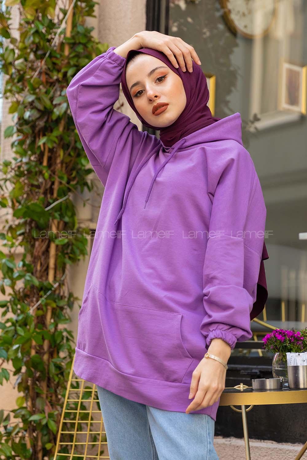 Modalamelif Kapşonlu Kanguru Cep Sweat Mor