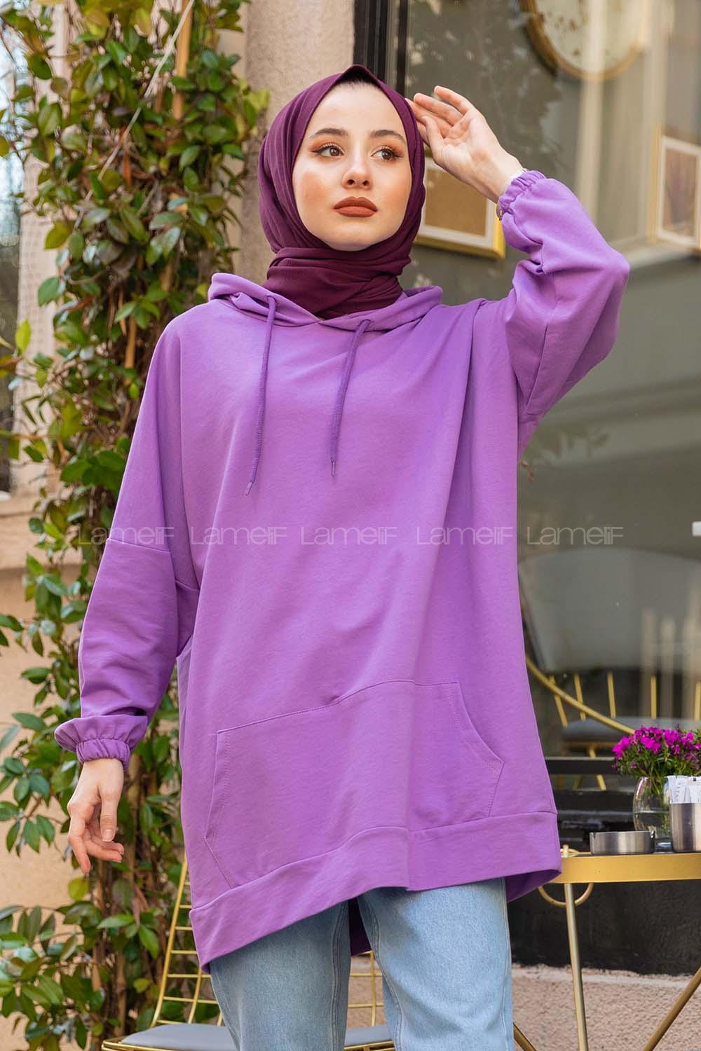 Modalamelif Kapşonlu Kanguru Cep Sweat Mor