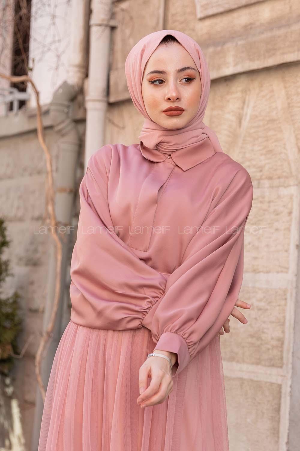 Modalamelif Yarasa Kol Gömlek Yaka Bluz Gül