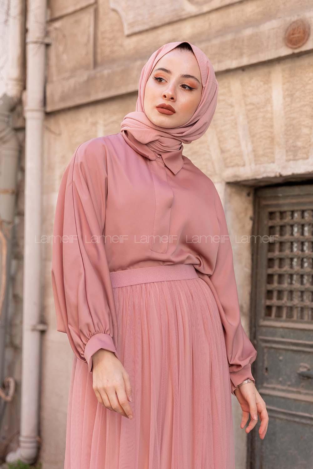 Modalamelif Yarasa Kol Gömlek Yaka Bluz Gül